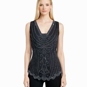S. Levine Formal Beaded Front Tank Top Shell Black Stretch Knit Elegant Size XXL
